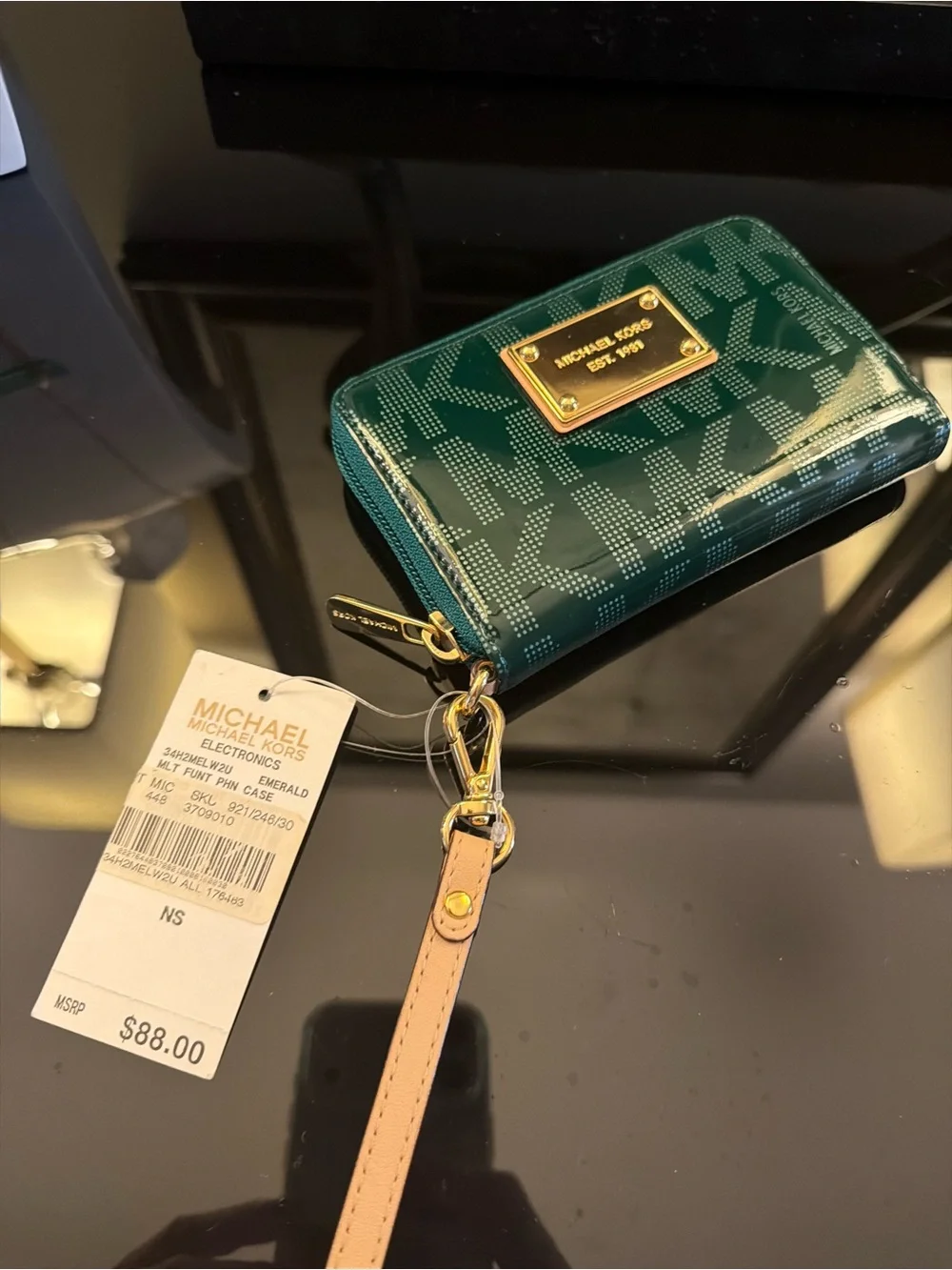 Michael Kors Green Patent Logo Zip Wallet with Gold Plate